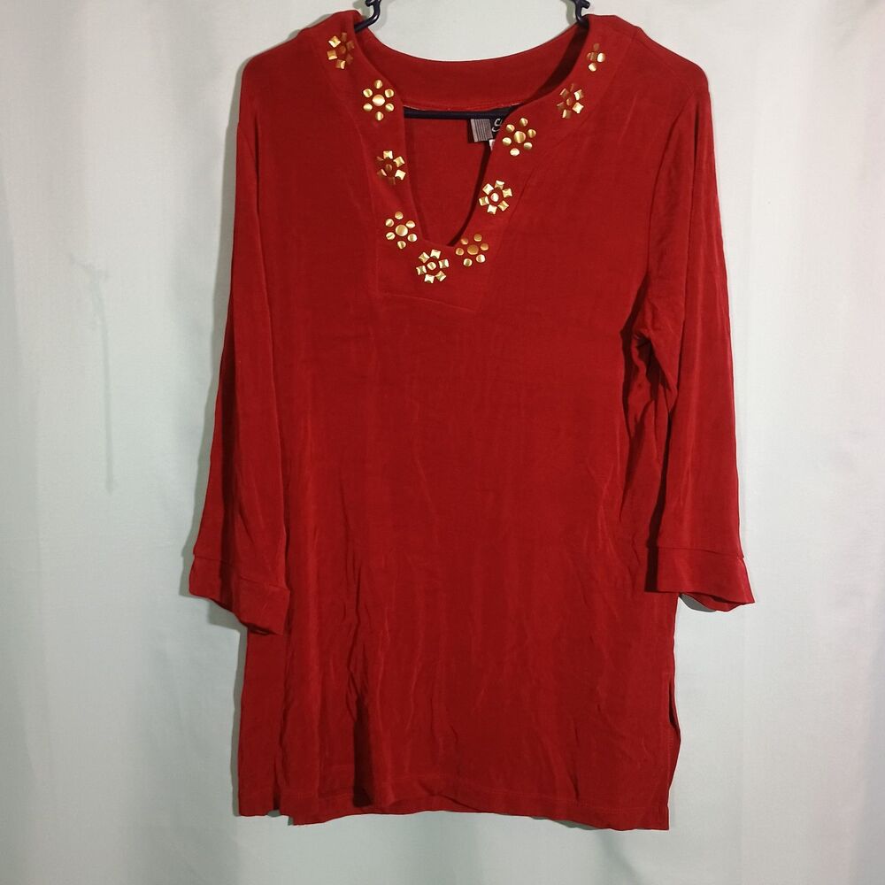 Red Gold Studded Tunic Top 3/4 Sleeve Split Neck Blouse